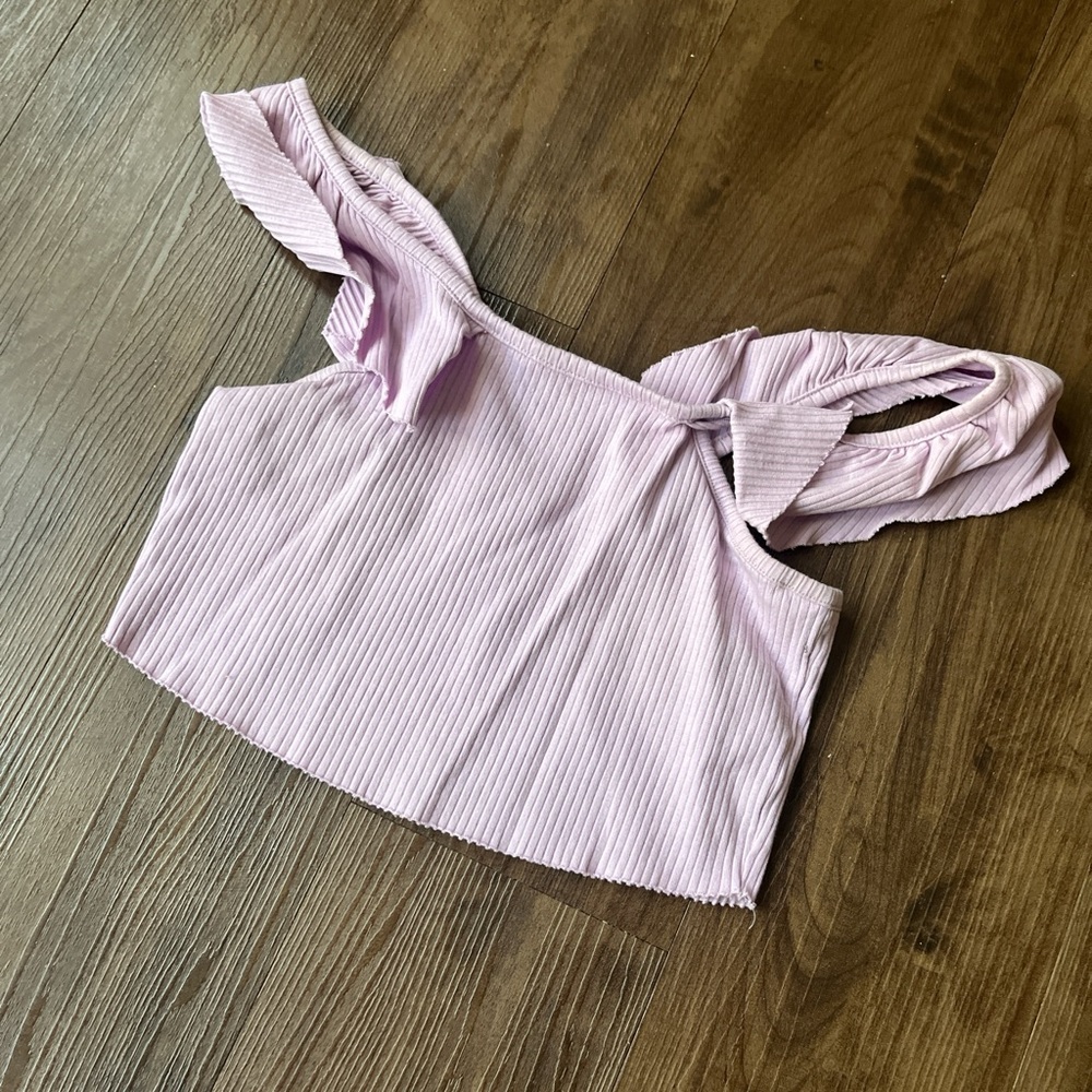 Lavender pastel purple ruffle off the shoulder crop top.
